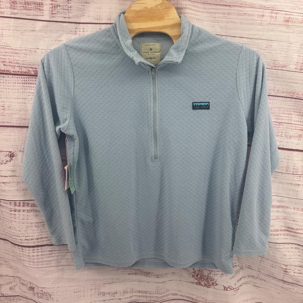 Simply Southern Quarter Zip Pullover Womens XL Light Blue Quilted Scallop NWT